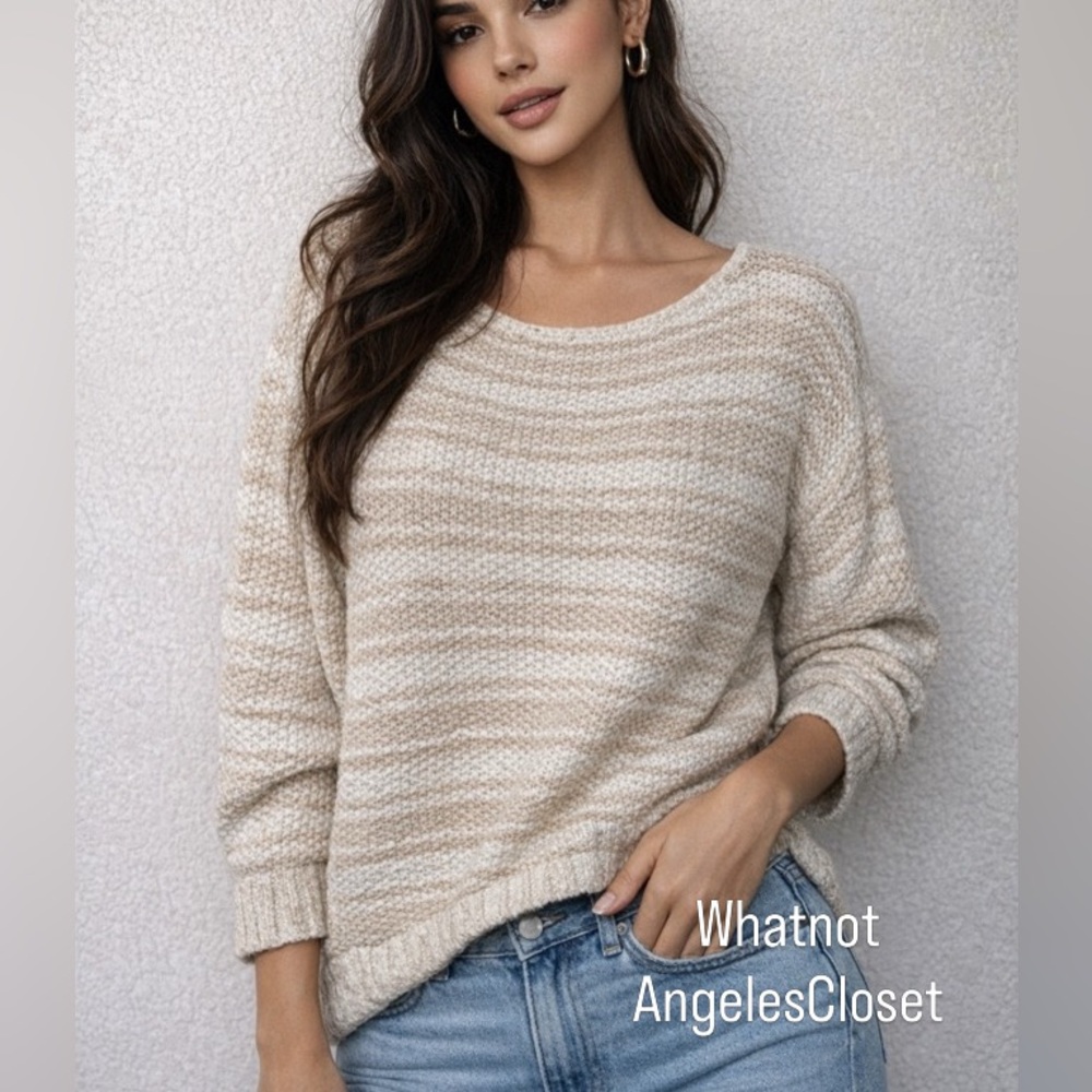 Chico's Beige Striped Crew Neck Sweater